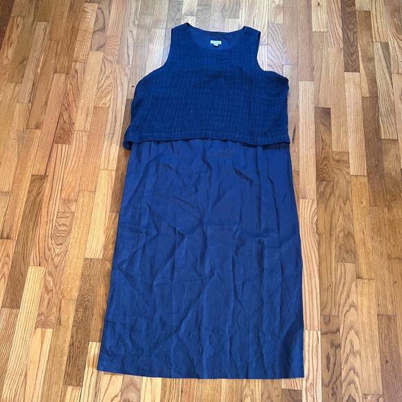 Pure Jill Dress Womens Large Navy Blue Linen Maxi Sheath Lagenlook Summer - Picture 1 of 6
